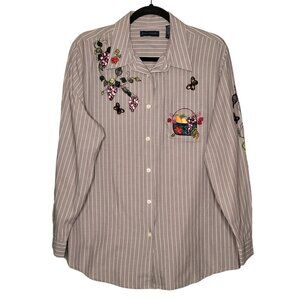 Karen Scott XL Women's Long Sleeve Button-Down Shirt With Embroidered Fruit & Bu